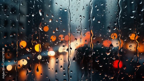 Capturing the serene ambiance of a rainy urban evening through a window pane, adorned with glistening raindrops, as blurred city lights create a warm, atmospheric glow in the distant cityscape