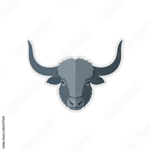 Stylized Gray Yak Head Facing Forward Against Black Background with White Outline and Fur Detail