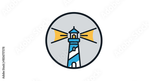Blue and white striped lighthouse icon with shining light beams.