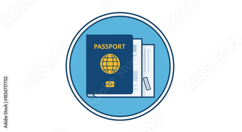 Passport and documents icon in blue circle travel identification.