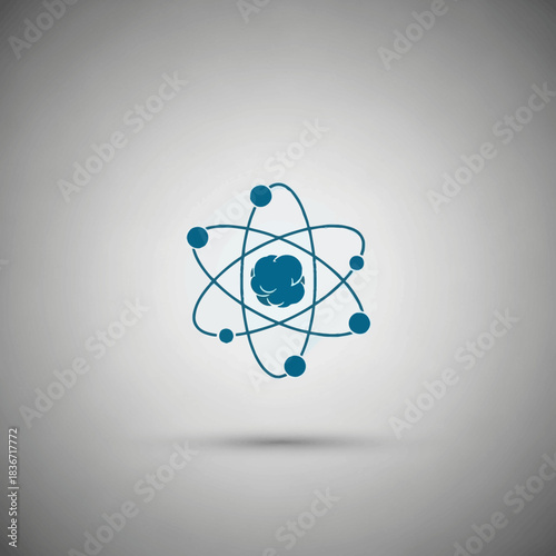 Blue Atom Model with Orbiting Electrons on Gray Background.