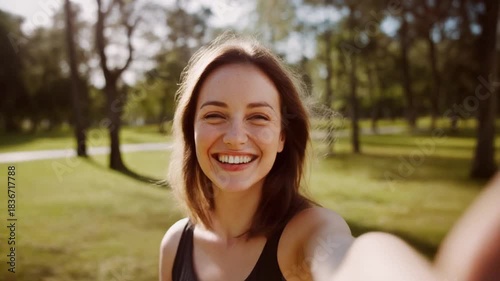 Close-up smiling woman enjoying a sunny day in a park, with a shallow depth of field creating a soft bokeh background
