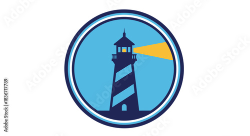 A stylized lighthouse emitting a beam of light.