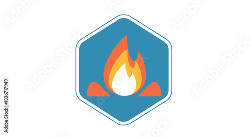 Stylized campfire icon with flames in a blue hexagon.