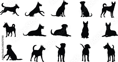 Set of black dog silhouettes, vector illustration collection of pets in various poses like running sitting and standing, isolated on white background, animal design icons.