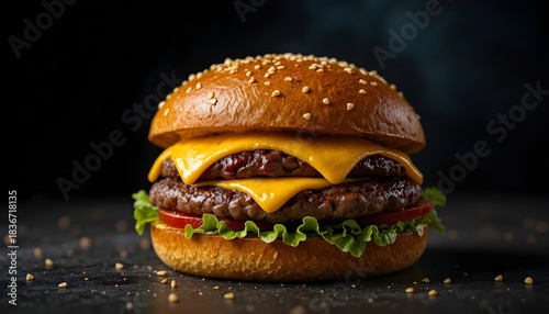 Fresh juicy burger with melted cheese, sesame bun, dramatic lighting, black backdrop, high-quality food photo