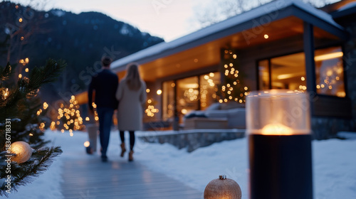 A romantic couple strolls hand-in-hand along a snow-covered path adorned with twinkling lights, evoking a cozy, festive spirit and the warmth of love during winter evenings.