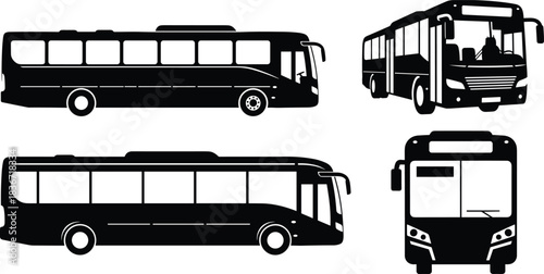 Set of black bus silhouettes, isolated vector illustration of public transport vehicles, city coach travel icons, side and front views for urban design