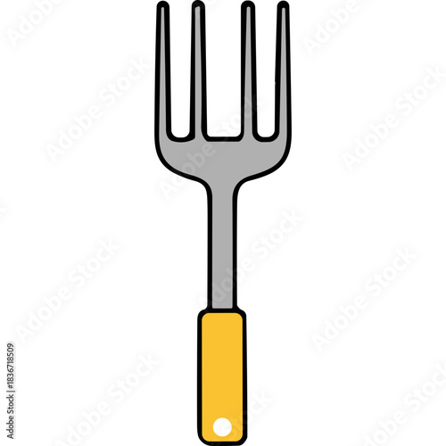 Silver Metal Meat Fork With Yellow Handle And Three Tines Against A Black Background Simple Kitchen Utensil For Cooking And Food Preparation