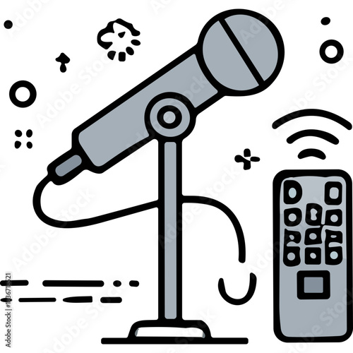 Silver Microphone On Stand With Remote Control On Black Background