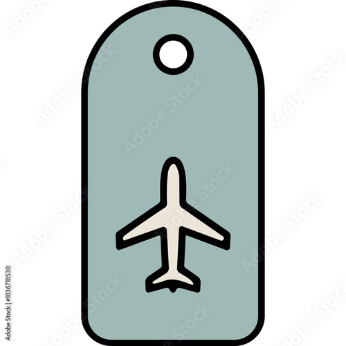 Simple airplane icon on a light blue luggage tag with a hole at the top on a black background