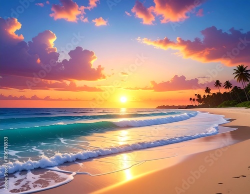 Tropical beach scene at sunset, ocean waves lapping at sandy shore