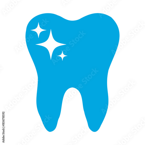 Tooth blue icon symbol with shining white stars in a flat style. Simple tooth silhouette on a white background. Dental concept. Modern, minimalist blue icon. Vector element for websites and mobile app