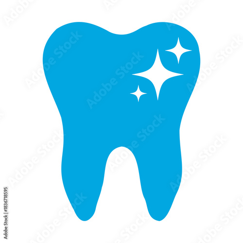 Tooth blue icon symbol with shining white stars in a flat style. Simple tooth silhouette on a white background. Dental concept. Modern, minimalist blue icon. Vector element for websites and mobile app