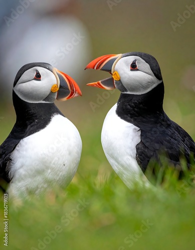 Two Atlantic puffins stand side-by-side, one with an open beak