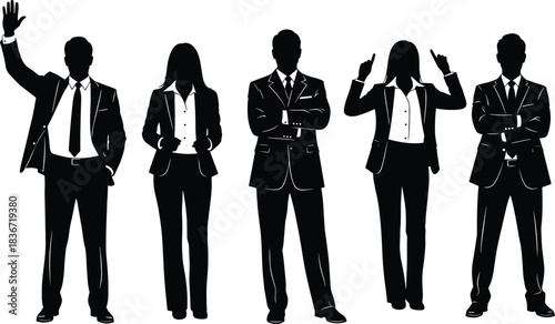 Business silhouette, professional posture, corporate gesture, leadership concept, office attire, standing figures, black vector, flat design, team diversity, executive style