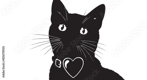 Playful black cat illustration featuring a heart on the chest in a simple monochrome line art style.