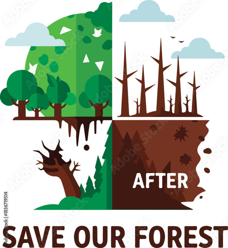 Vibrant green forest before and desolate landscape after deforestation powerfully illustrates conservation need