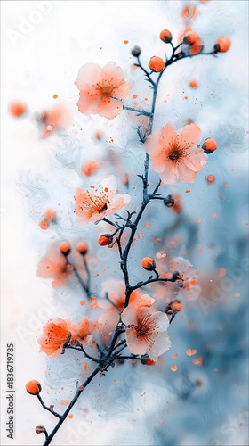 Cherry Blossom Branch Blooming in Watercolor