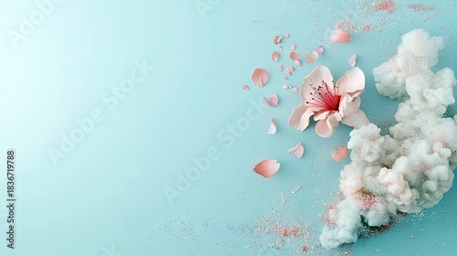 Cherry Blossom Flower with Petals and Cloud on Blue