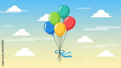 Bunch of five colorful balloons floating against a gradient sky with stylized clouds