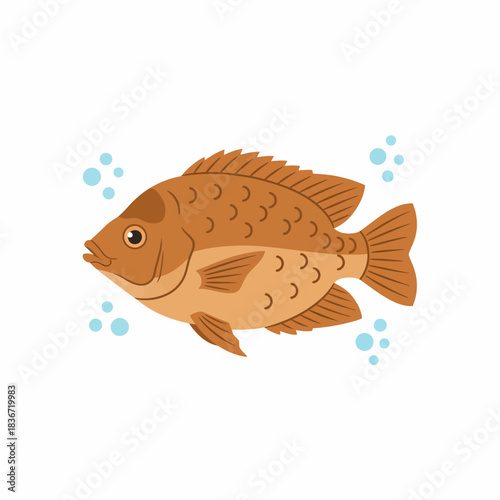 Cartoon brown fish swimming with light blue bubbles