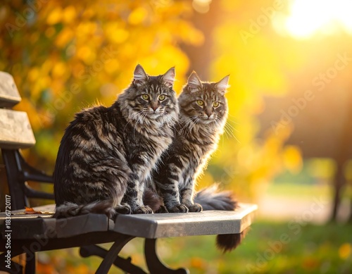 Two fluffy felines sit side-by-side on a wooden bench, basking in sunlight