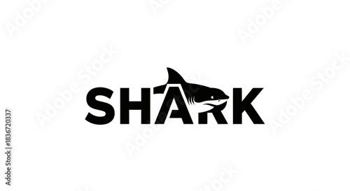 Bold black and white shark logo design with text.
