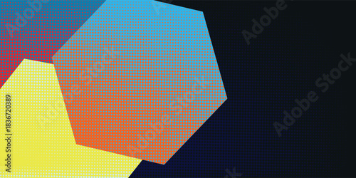 A geometric pattern of randomly colored pentagons combined with a sprinkling of dots.