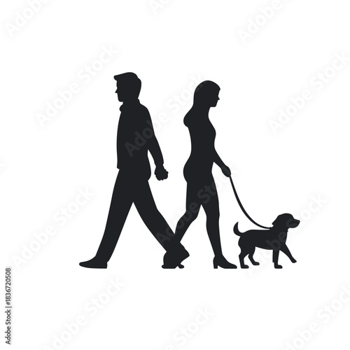 Couple Walking Dog Flat Icon, Black and White, Transparent Background