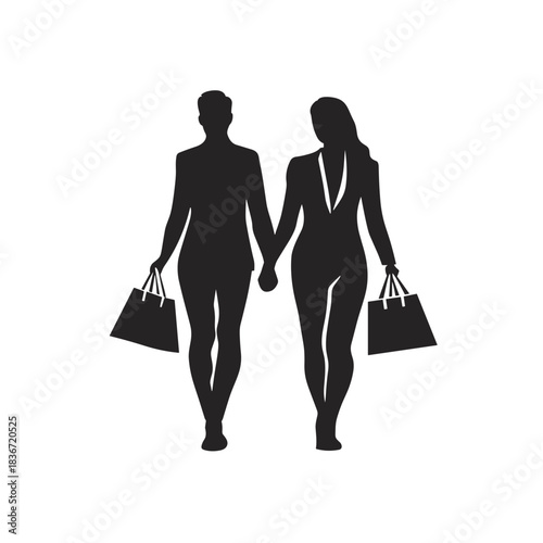 Couple Shopping Flat Icon, Black and White, Transparent Background