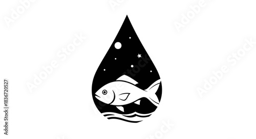 A solitary fish swimming inside a water drop under a starry night sky.