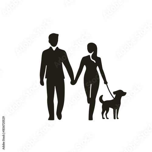 Couple Walking Dog Flat Icon, Black Silhouette, Transparent Background
