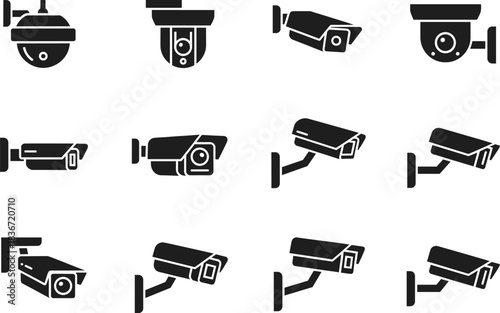 Security camera icons vector set, CCTV surveillance system collection, modern video monitoring equipment, safety and protection technology symbols for security design