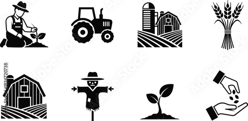 Set of agriculture icons, farming silhouettes, black vector illustration, tractor barn wheat scarecrow, organic nature symbols, harvest collection, isolated on white background