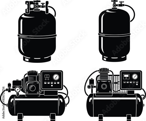 Set of Air Compressor and Compressed Gas Cylinder Silhouettes, Representing Industrial Equipment, Automotive Tools, Service, Power, and Technical Maintenance Vector