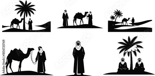 Set of Arab men and camel silhouettes in desert with palm trees, vector illustration collection isolated on white background for Middle Eastern culture design.