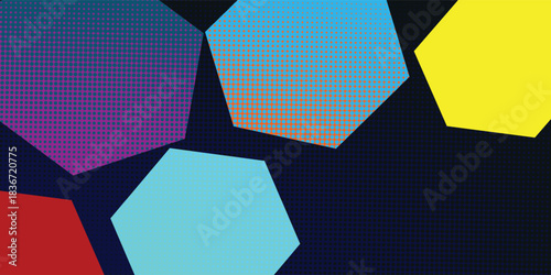 A geometric pattern of randomly colored pentagons combined with a sprinkling of dots.