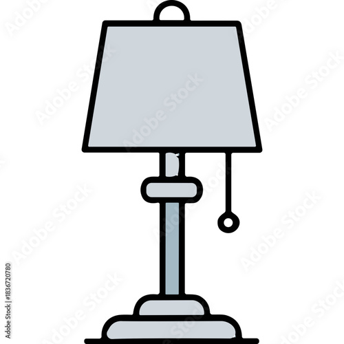 Simple Flat Design Illustration of a Light Blue Table Lamp with a White Lampshade on a Black Background