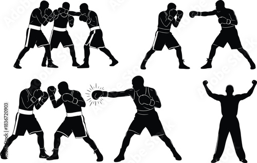 Set of black and white boxing silhouettes featuring fighters sparring, punching, and celebrating victory, isolated on white background for sports design elements.