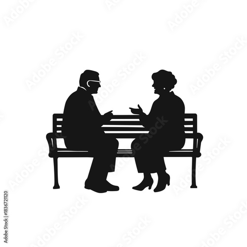 Elderly Couple on Bench Silhouette Flat Icon, Black Monochrome, Transparent Background