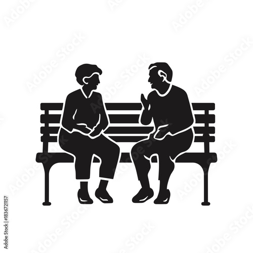 Elderly Couple Talking on Bench Flat Icon, Black Monochrome, Transparent Background