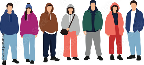 Diverse Group of Young People in Streetwear Vector Illustration, Modern Casual Winter Fashion, Hoodies, Oversized Jackets, Urban Youth Style