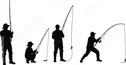 "Fishing silhouette vector set, black figures, outdoor activity, fishing rod posture, angler motion, sport concept, minimal design illustration"