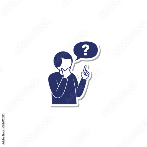 Thoughtful Person Pondering With Question Mark Bubble In Dark Blue and White Stylized Illustration Isolated On Black Background With Subtle Shadow Effect