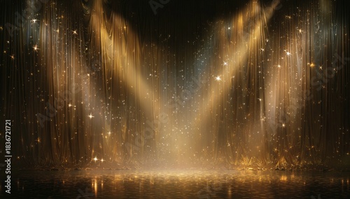 Illuminated golden curtains shimmering with sparkling light and reflections on stage