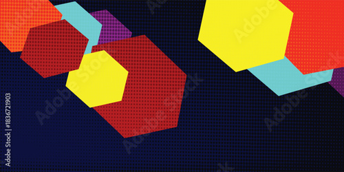 A geometric pattern of randomly colored pentagons hexagon combined with a sprinkling of dots.