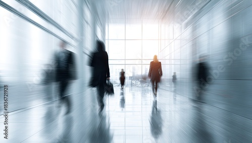 Blurred figures of people walking in a modern, sunlit hallway