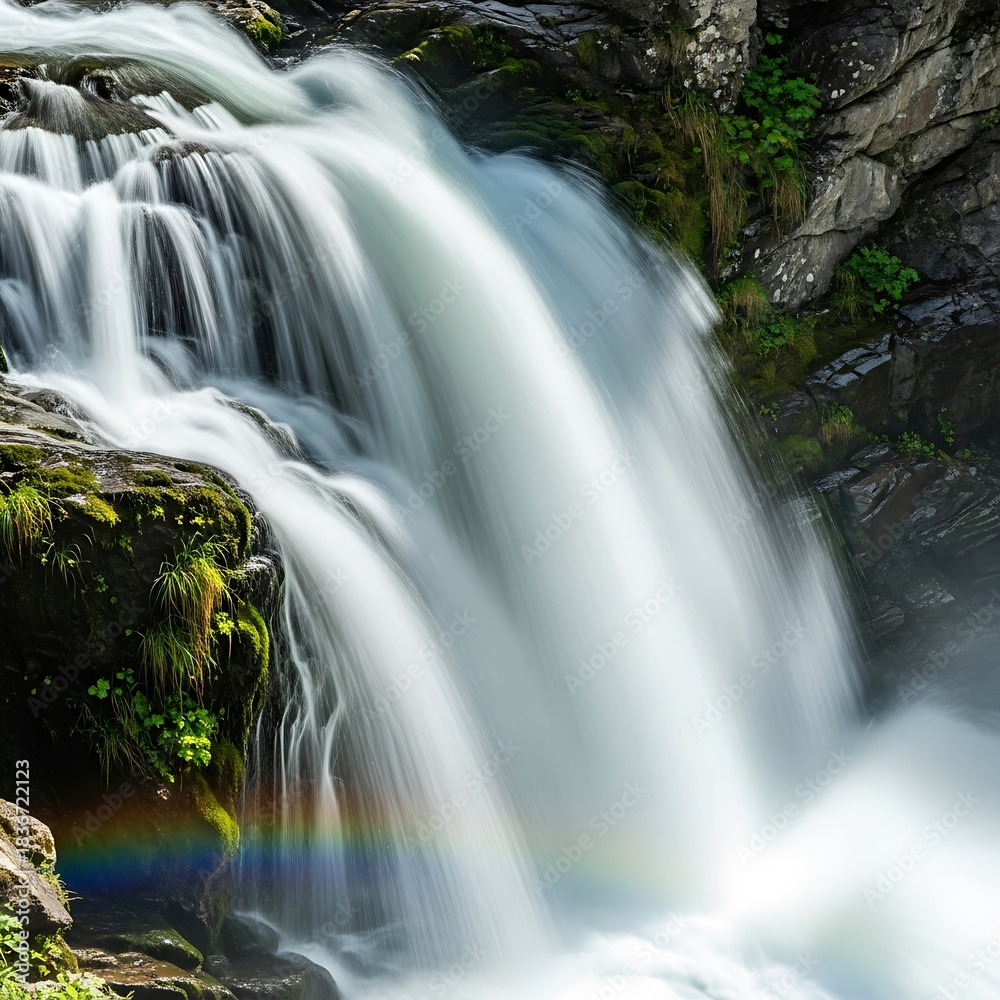 Fototapeta premium Majestic Waterfall Cascading Down Mossy Rocks with Rainbow.