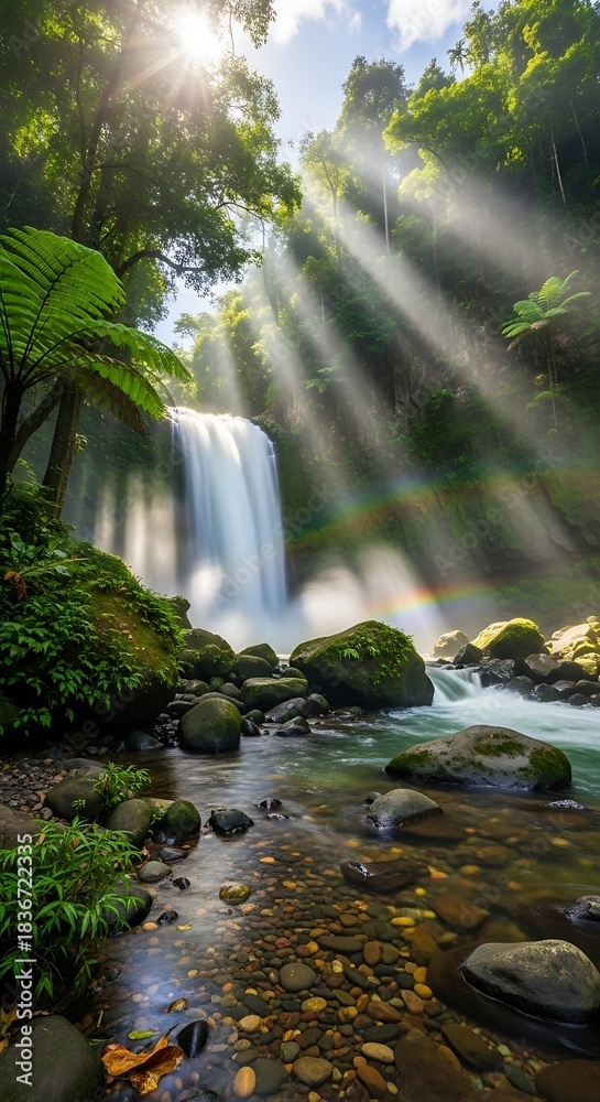 Fototapeta premium Sunlit Waterfall in Lush Green Forest - A Serene Natural Scene.